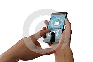 isolated woman hand holding the phone with system smart house