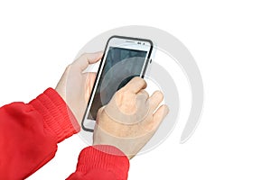 Isolated woman hand holding the phone tablet touch computer gadget