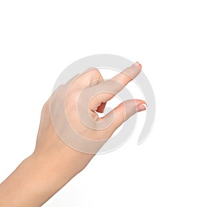 Isolated woman hand shows pinch to zoom or holding object