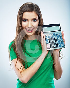 Isolated woman hold count machine. Isolated female portrait.