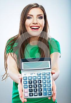 Isolated woman hold count machine. Isolated female portrait.