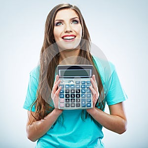 Isolated woman hold count machine. Isolated female portrait.