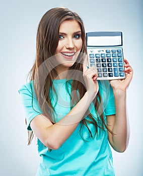 Isolated woman hold count machine. Isolated female portrait.