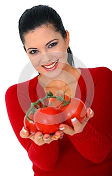 Isolated Woman Offering Tomatoes