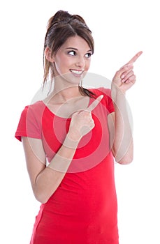 Isolated woman is presenting with forefinger.