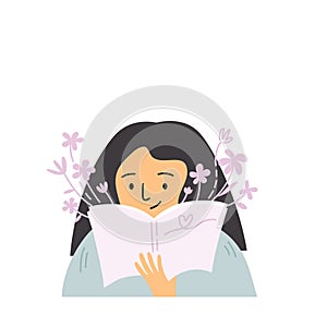 Isolated of a woman smiling and reading a book with flowers on background, coping strategies concept. Flat vector illustration