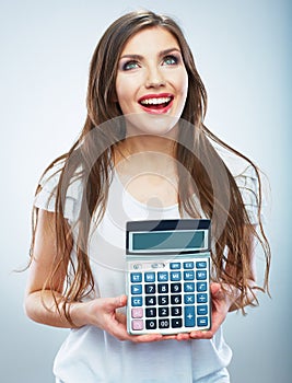 Isolated woman white dress hold count machine. Isolated female