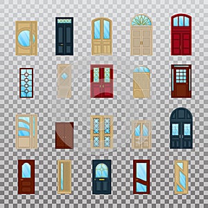 Isolated wood or wooden facade exterior doors icons