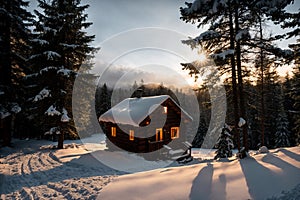 Isolated wooden cottage amid snow-laden conifers on a mountain clearing hidden within the forest in the winter