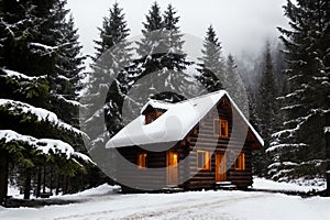 Isolated wooden cottage amid snow-laden conifers on a mountain clearing hidden within the forest in the winter