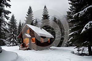 Isolated wooden cottage amid snow-laden conifers on a mountain clearing hidden within the forest in the winter