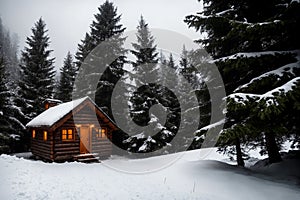 Isolated wooden cottage amid snow-laden conifers on a mountain clearing hidden within the forest in the winter