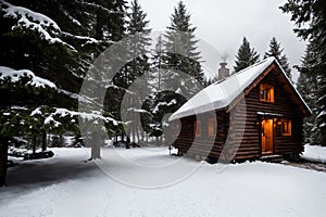 Isolated wooden cottage amid snow-laden conifers on a mountain clearing hidden within the forest in the winter
