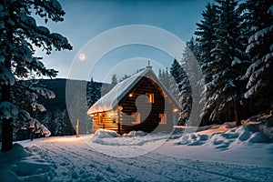 Isolated wooden cottage amid snow-laden conifers on a mountain clearing hidden within the forest in the winter - Starry night