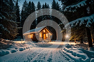 Isolated wooden cottage amid snow-laden conifers on a mountain clearing hidden within the forest in the winter - Starry night