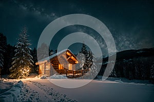 Isolated wooden cottage amid snow-laden conifers on a mountain clearing hidden within the forest in the winter - Starry night