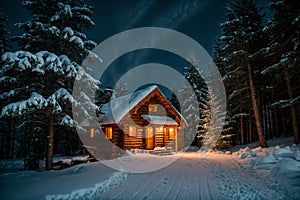 Isolated wooden cottage amid snow-laden conifers on a mountain clearing hidden within the forest in the winter - Starry night