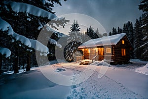 Isolated wooden cottage amid snow-laden conifers on a mountain clearing hidden within the forest in the winter - Starry night