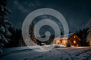 Isolated wooden cottage amid snow-laden conifers on a mountain clearing hidden within the forest in the winter - Starry night