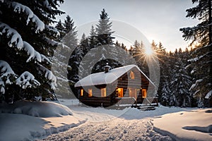 Isolated wooden cottage amid snow-laden conifers on a mountain clearing hidden within the forest in the winter - Sunset