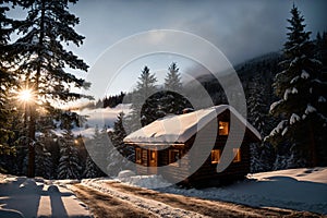 Isolated wooden cottage amid snow-laden conifers on a mountain clearing hidden within the forest in the winter - Sunset