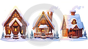 Isolated wooden cottages with chimney, porch and stairs on a white background, modern cartoon illustration of mountain