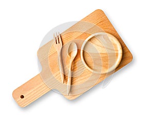 Isolated Wooden Kitchen Utensils food preparation, Cutting chopping board, spoon, fork and small round dish saucer