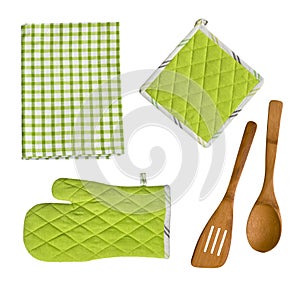 Isolated wooden kitchen utensils, glove, potholder and towel