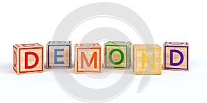 Isolated wooden toy cubes with letters with name demond
