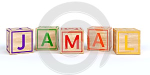 Isolated wooden toy cubes with letters with name jamal