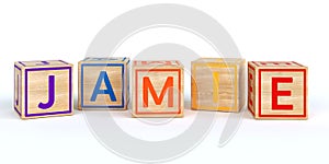 Isolated wooden toy cubes with letters with name jamie