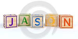 Isolated wooden toy cubes with letters with name jason