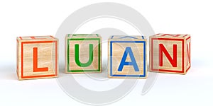 Isolated wooden toy cubes with letters with name luan