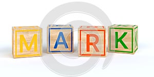 Isolated wooden toy cubes with letters with name mark