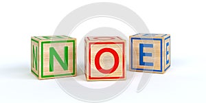 Isolated wooden toy cubes with letters with name noe