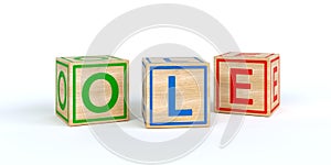 Isolated wooden toy cubes with letters with name ole