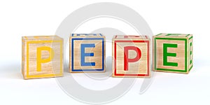 Isolated wooden toy cubes with letters with name pepe