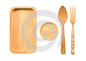 Isolated Wooden Utensils, Spoon, fork, tray and small dish on white background