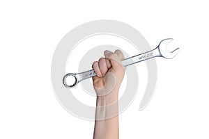 Isolated wrench in hand. Repair and service concept. Ideal for showcasing text or logo