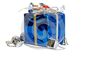 Isolated xmas blue and silver decorative wrapped present