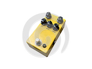 Isolated yellow overdrive, distortion stompbox electric guitar effect for studio and stage performed on white background