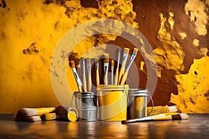 Isolated yellow paint bucket with painting brushes infront of solid color rusty wall, texture, HD background.