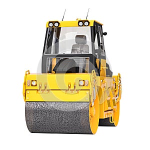 Isolated yellow road roller on white background