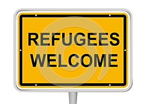 Isolated yellow sign with text Refugees Welcome``