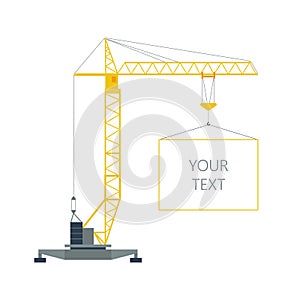 Isolated yellow tower hoisting crane with frame, border with space for text on white background. Lifting crane