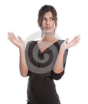 Isolated young business woman with a black dress incredulous