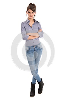 Isolated young woman in full body length.