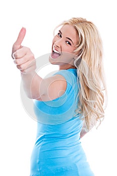 Isolated young woman thumbs up