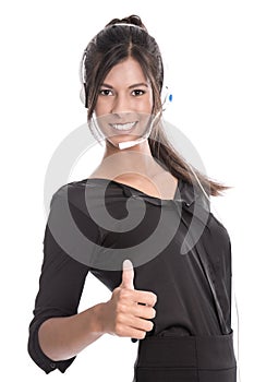 Isolated young woman working in a call center - with headset