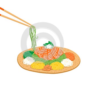 Isolated Yu Sheng,New year plate with chopsticks, Chinese New Year, salmon dish.
